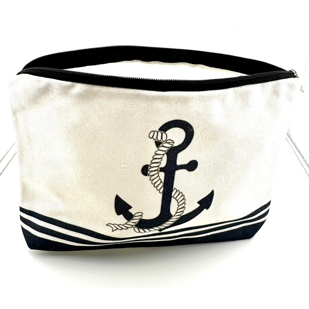 Anchor Canvas Cosmetic Bag 9"x7" Travel Bag Navy Blue‎ & Ivory Stripe NEW